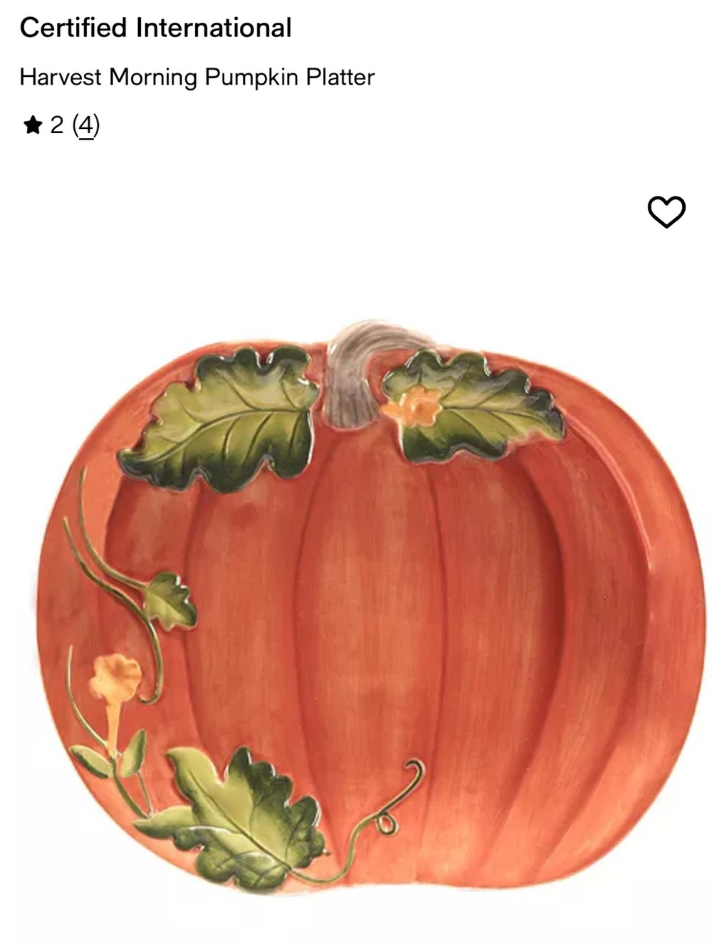 Certified International Orange Pumpkin Platter with Green Leaf Accents